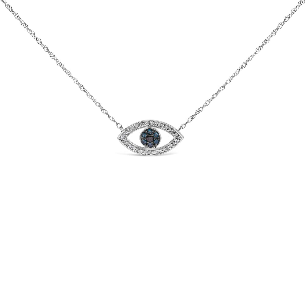 Sterling Silver 1/4 Cttw Blue and White Diamond Evil Eye Necklace