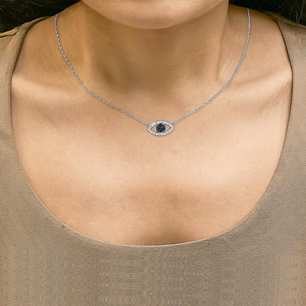 Sterling Silver 1/4 Cttw Blue and White Diamond Evil Eye Necklace