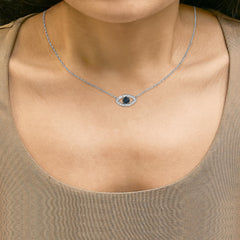 Sterling Silver 1/4 Cttw Blue and White Diamond Evil Eye Necklace