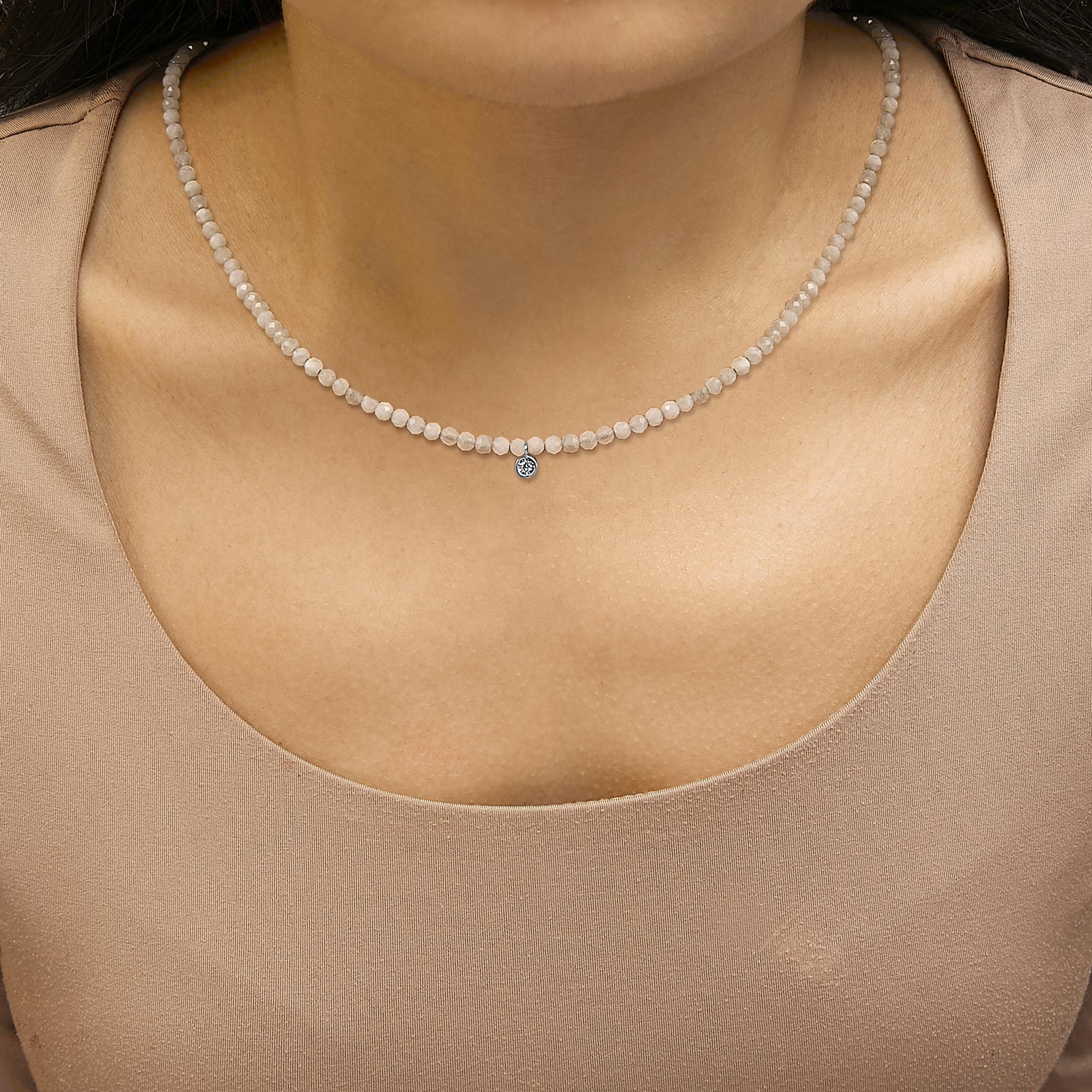 Sterling Silver Moonstone Bead Station Necklace with Diamond Accent