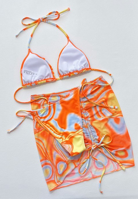 Women's 3packs Allover Print Bikini Set and Drawstring Side Cover Up Skirt