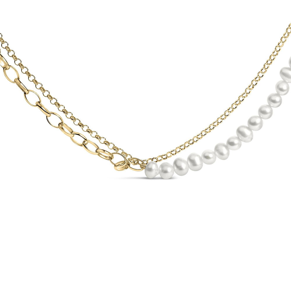 18K Yellow Gold Vermeil Cultured Pearl Strand Necklace with Rolo and Paperclip Chain