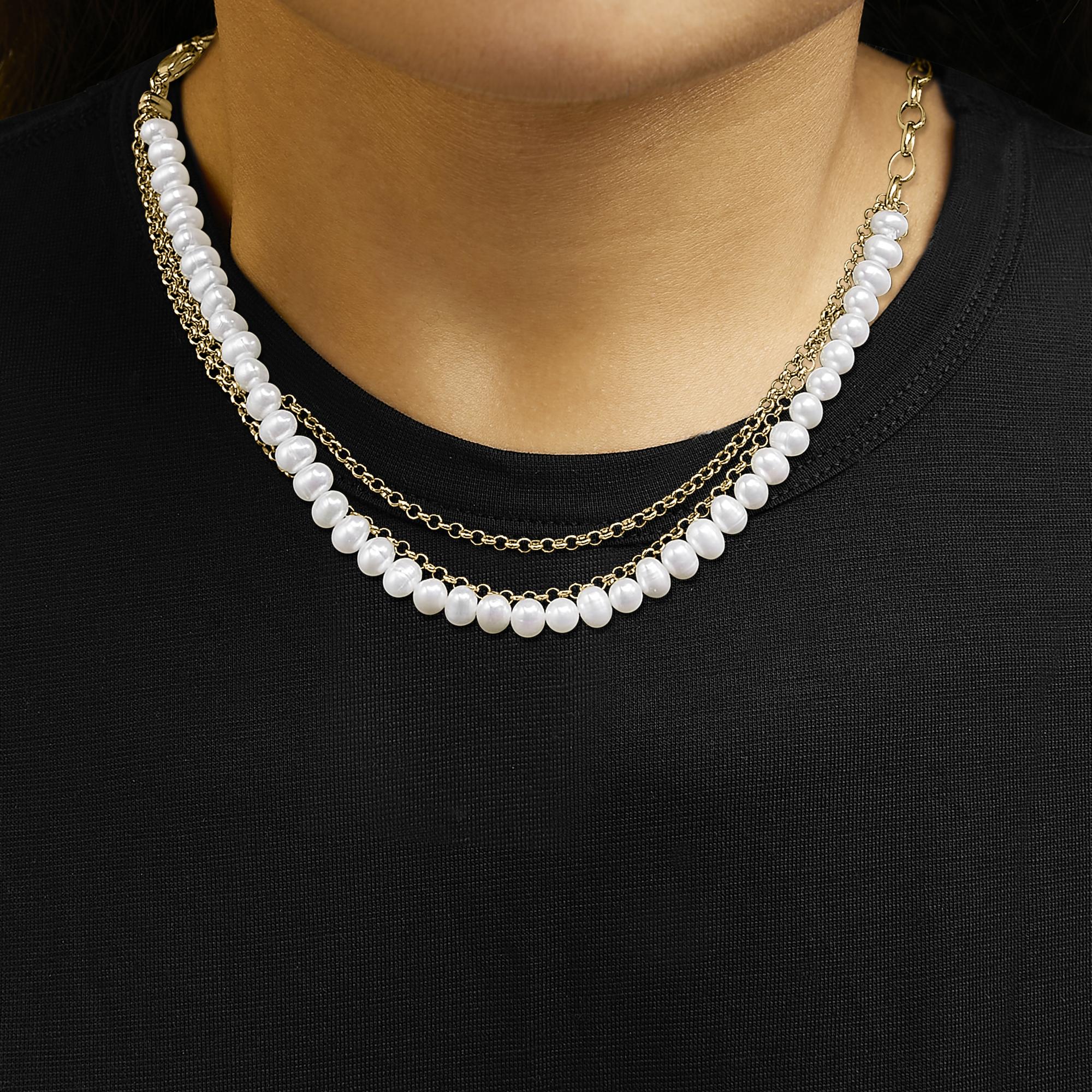 18K Yellow Gold Vermeil Cultured Pearl Strand Necklace with Rolo and Paperclip Chain