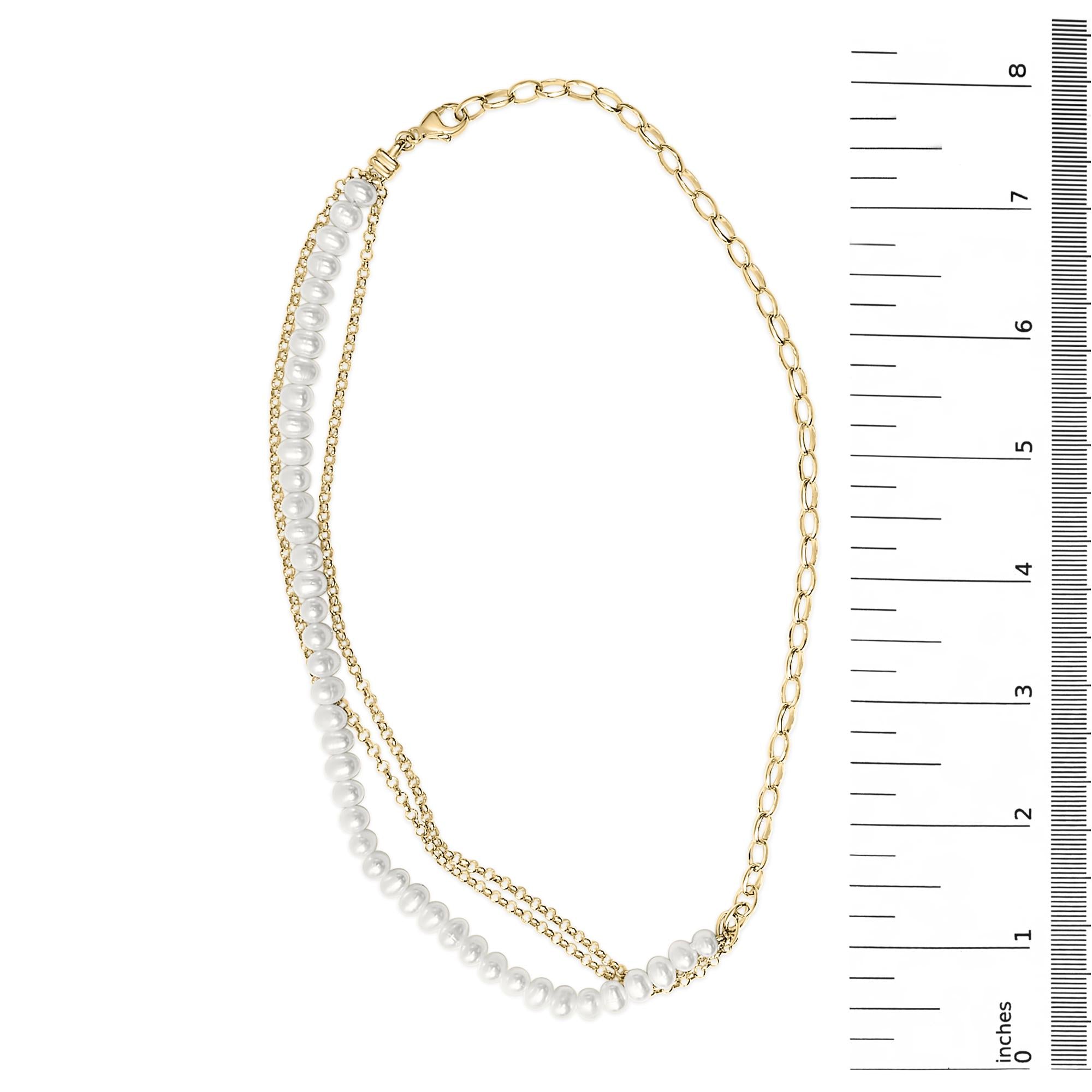 18K Yellow Gold Vermeil Cultured Pearl Strand Necklace with Rolo and Paperclip Chain
