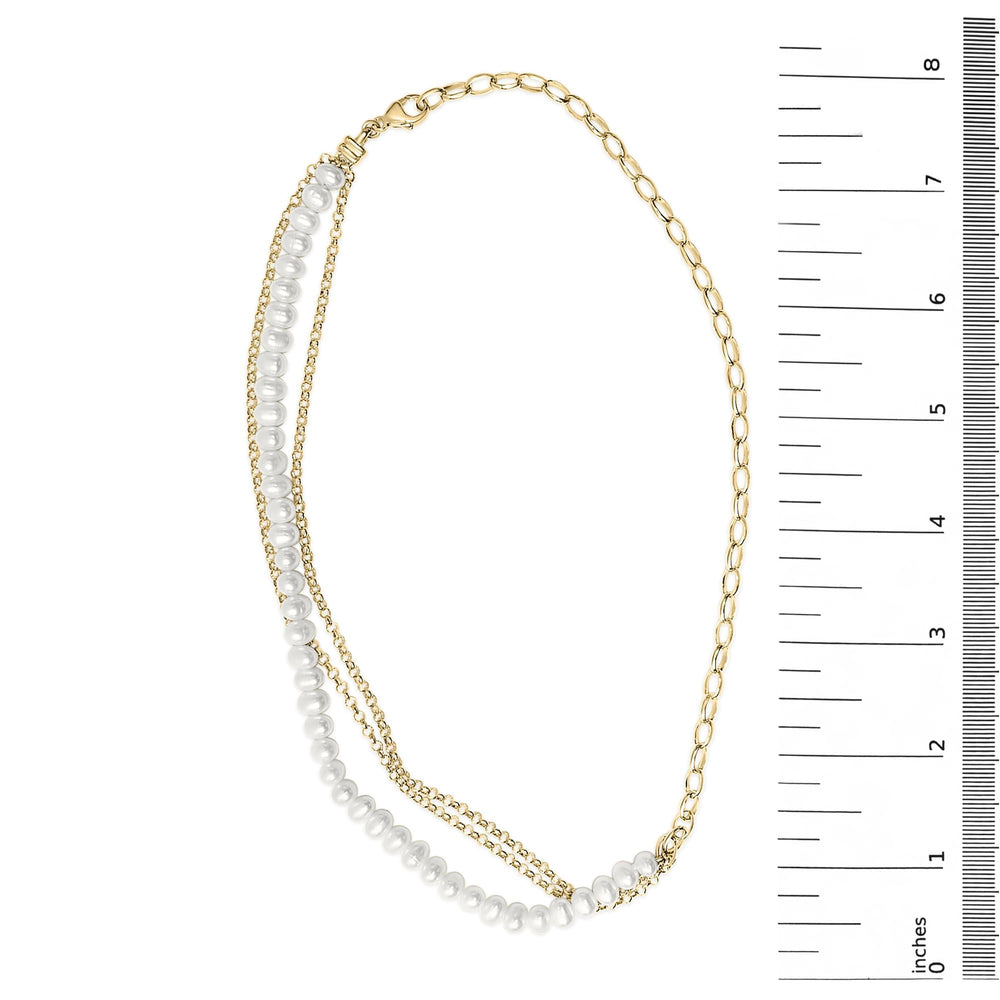 18K Yellow Gold Vermeil Cultured Pearl Strand Necklace with Rolo and Paperclip Chain