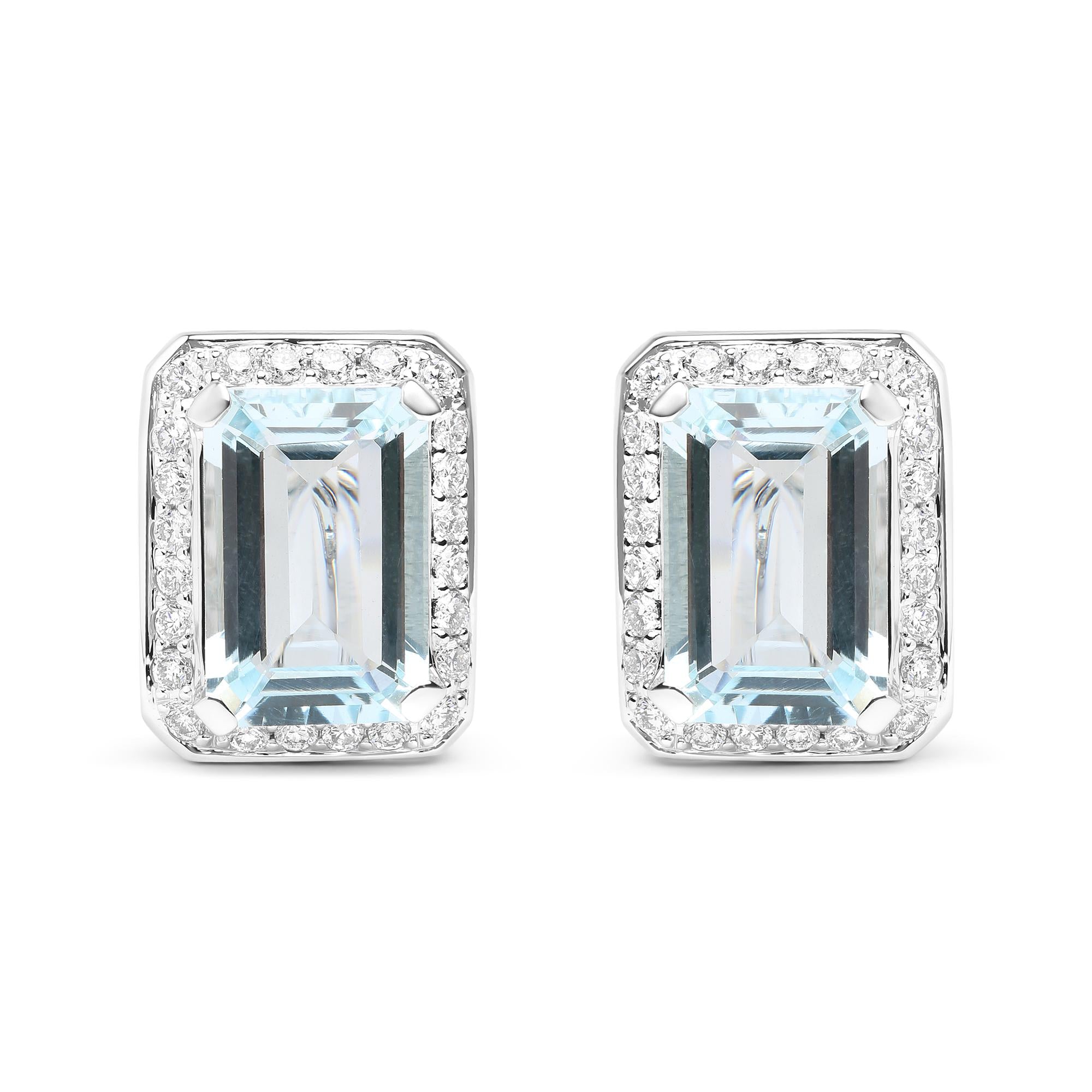 18K White Gold 3/4 Cttw Round Diamond and 13x9mm Emerald Cut Blue Aquamarine Gemstone Halo Omega Stud Earrings (G-H Color, SI1-SI2 Clarity)