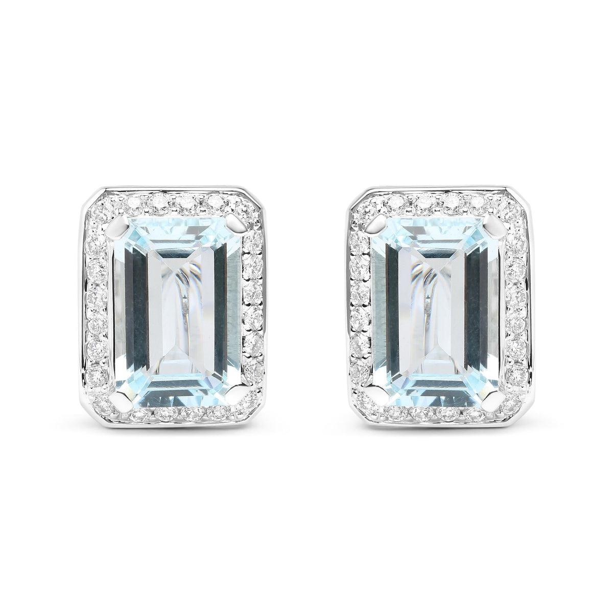 18K White Gold 3/4 Cttw Round Diamond and 13x9mm Emerald Cut Blue Aquamarine Gemstone Halo Omega Stud Earrings (G-H Color, SI1-SI2 Clarity)
