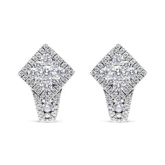 18K White Gold 1 1/10 Cttw Round Diamond Cluster with Halo Hoop Huggie Earring (F-G Color, VS1-VS2 Clarity)