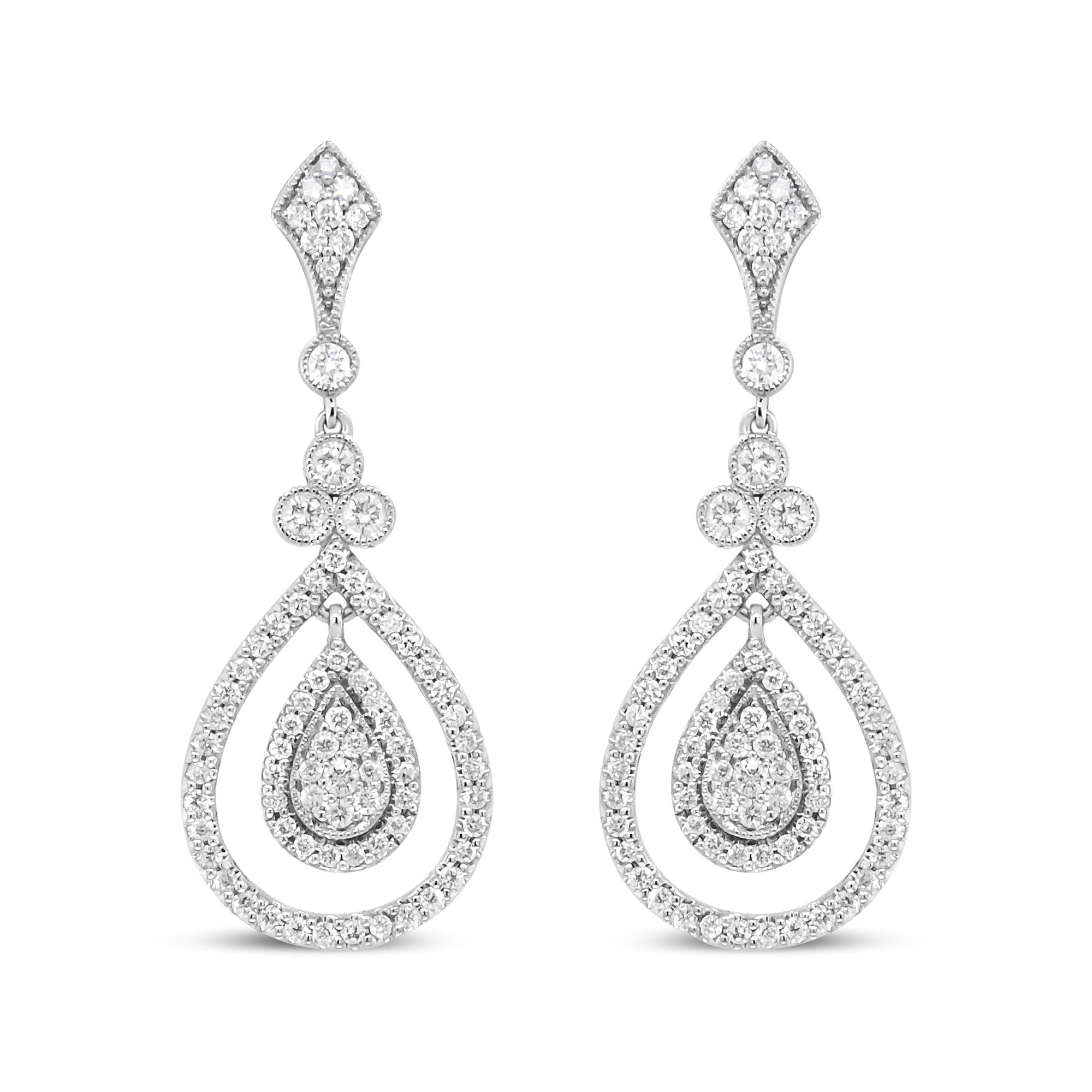 18K White Gold 1 1/4 Cttw Round Diamond Openwork Teardrop-Shaped Dangle Earrings (F-G Color, VS1-VS2 Clarity)