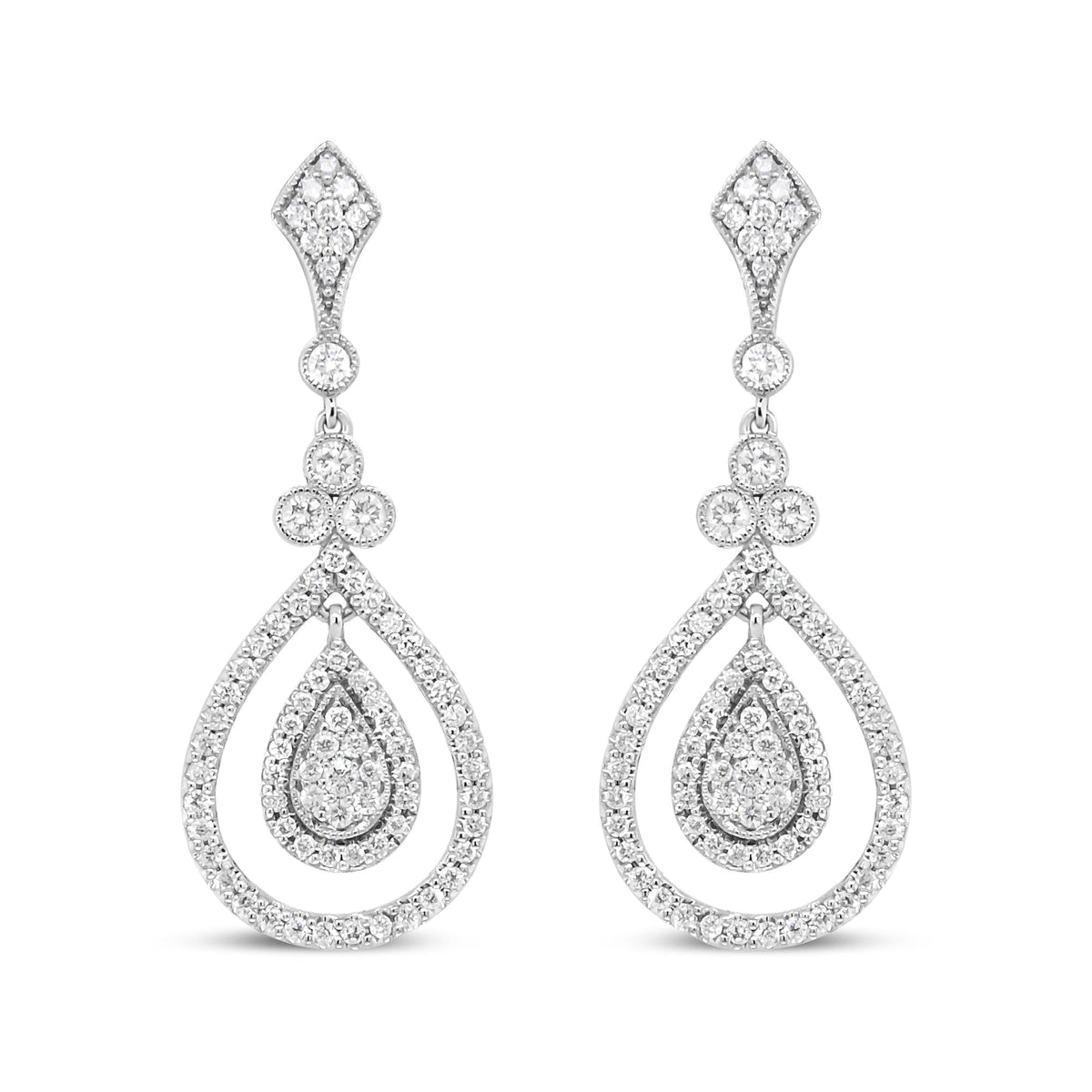 18K White Gold 1 1/4 Cttw Round Diamond Openwork Teardrop-Shaped Dangle Earrings (F-G Color, VS1-VS2 Clarity)