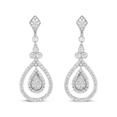 18K White Gold 1 1/4 Cttw Round Diamond Openwork Teardrop-Shaped Dangle Earrings (F-G Color, VS1-VS2 Clarity)