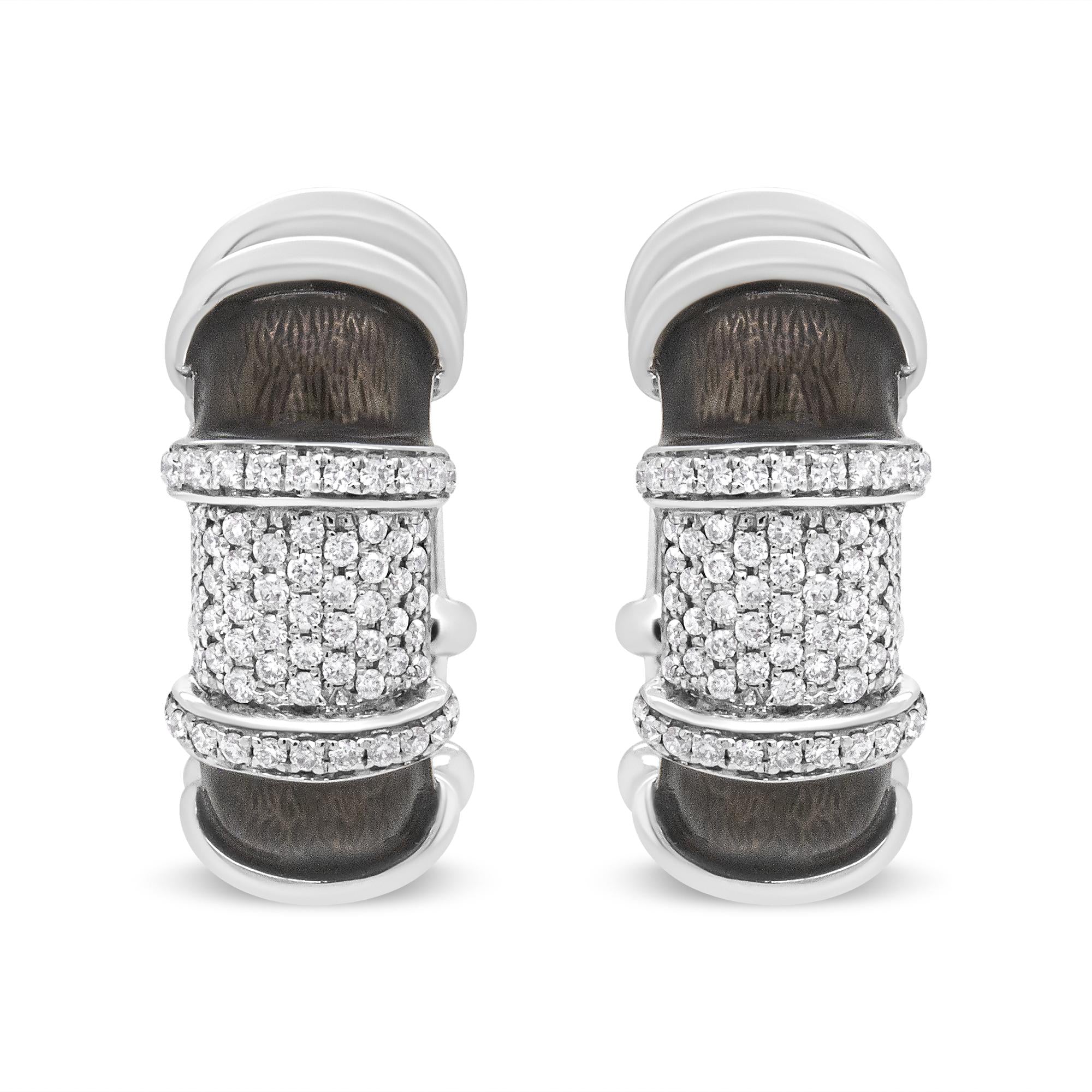 18K White Gold Flash Plated .925 Sterling Silver Clear Graphite Grey Enamel 5/8 Cttw Round Diamonds Huggie Hoop Earrings (F-G Color, VS1-VS2 Clarity)