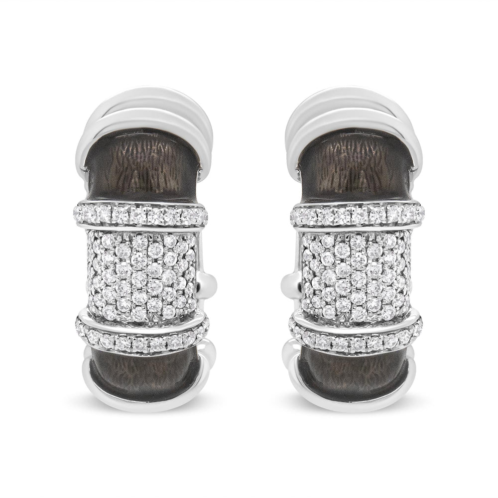 18K White Gold Flash Plated .925 Sterling Silver Clear Graphite Grey Enamel 5/8 Cttw Round Diamonds Huggie Hoop Earrings (F-G Color, VS1-VS2 Clarity)