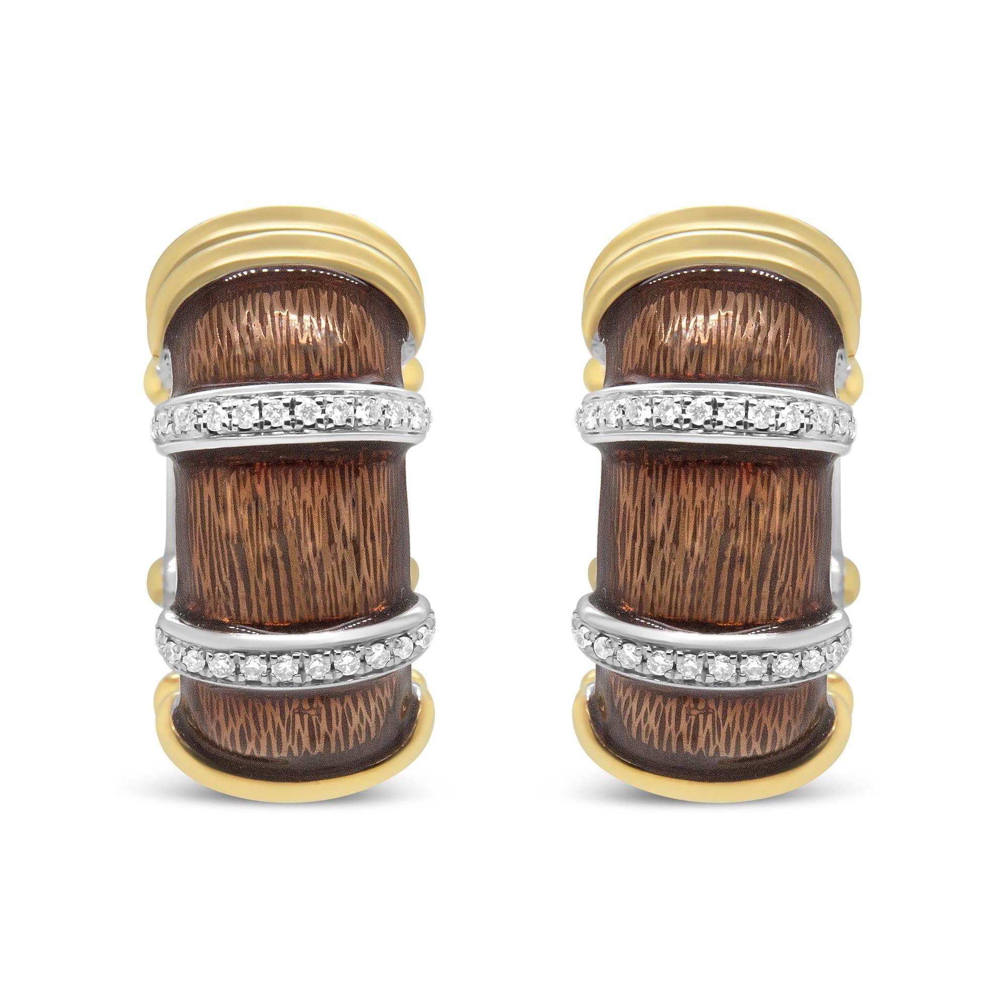 18K Yellow and White Gold Flash Plated .925 Sterling Silver Clear Brown Enamel 9/10 Cttw Round Diamonds Huggie Hoop Earrings (F-G Color, VS1-VS2 Clarity)