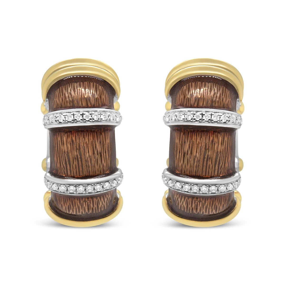 18K Yellow and White Gold Flash Plated .925 Sterling Silver Clear Brown Enamel 9/10 Cttw Round Diamonds Huggie Hoop Earrings (F-G Color, VS1-VS2 Clarity)