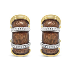 18K Yellow and White Gold Flash Plated .925 Sterling Silver Clear Brown Enamel 9/10 Cttw Round Diamonds Huggie Hoop Earrings (F-G Color, VS1-VS2 Clarity)