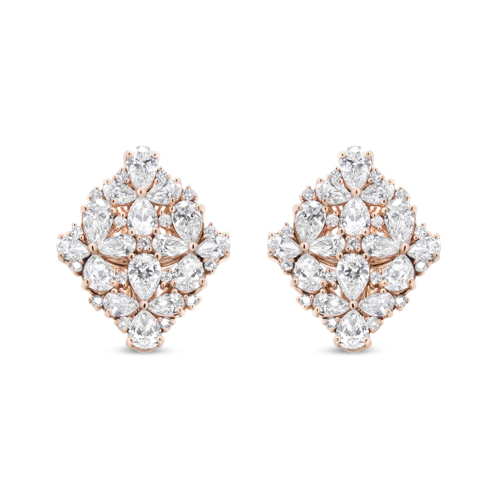 18K Rose Gold 8 1/3 Cttw Pear and Round Diamond Floral Cluster Omega Earrings (F-G Color, VS1-VS2 Clarity)
