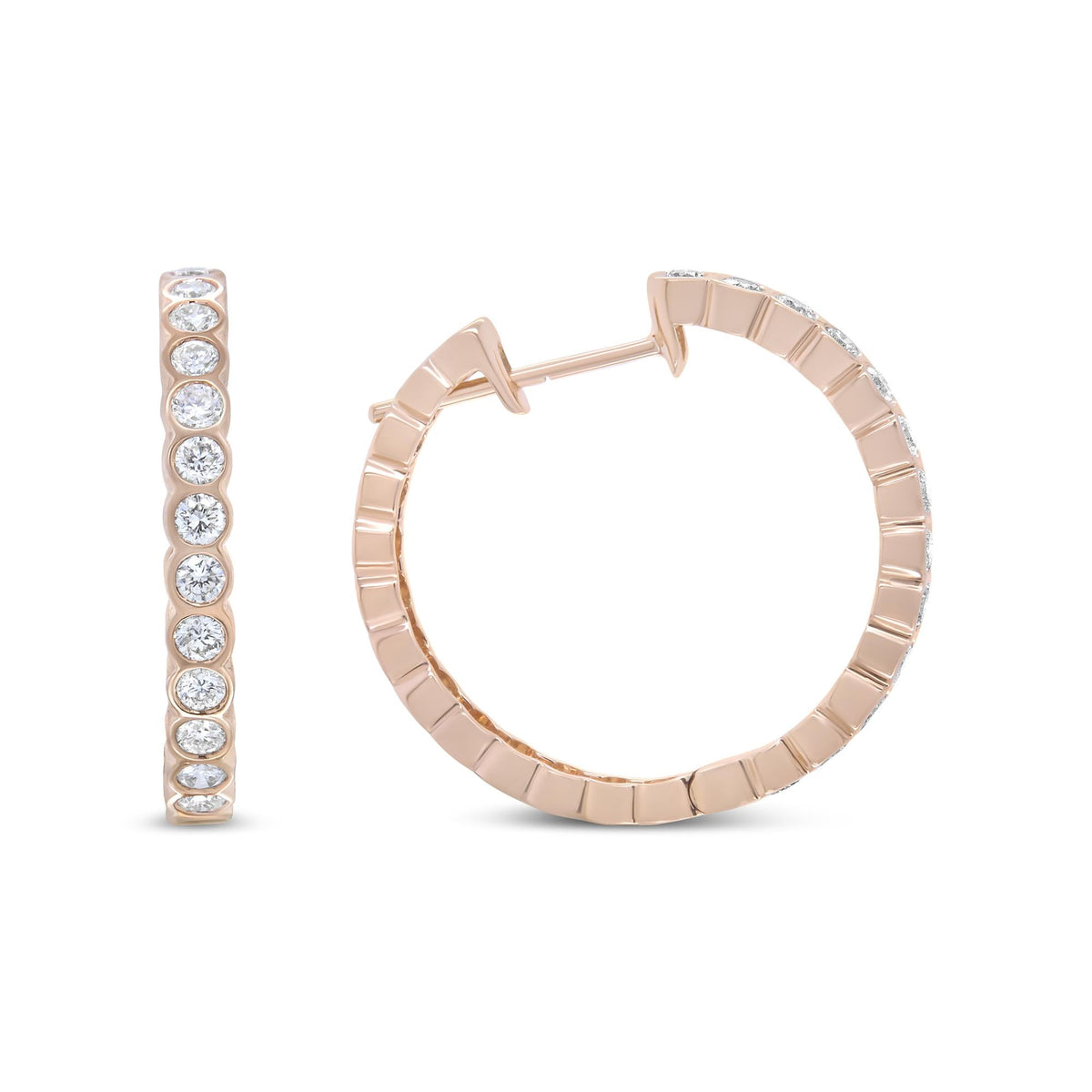 18K Rose Gold 1 Cttw Round Bezel-Set Diamond Hoop Earrings (F-G Color, VS1-VS2 Clarity)
