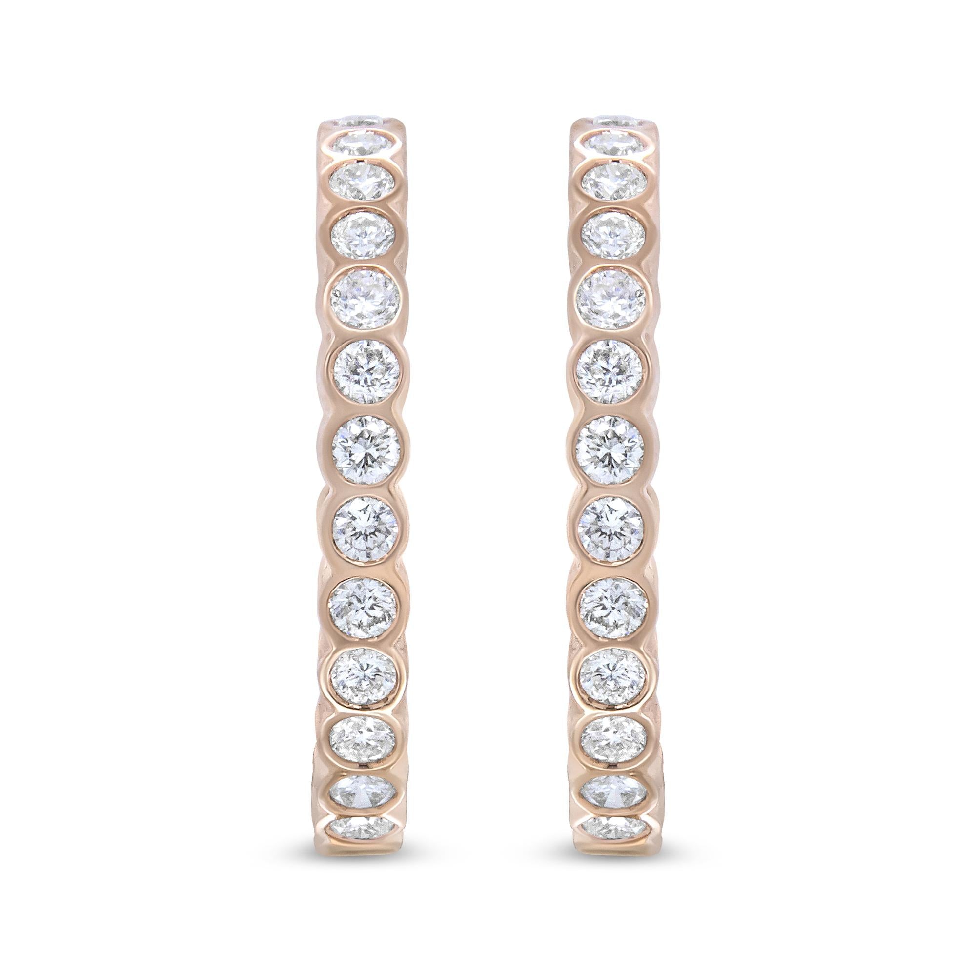 18K Rose Gold 1 Cttw Round Bezel-Set Diamond Hoop Earrings (F-G Color, VS1-VS2 Clarity)