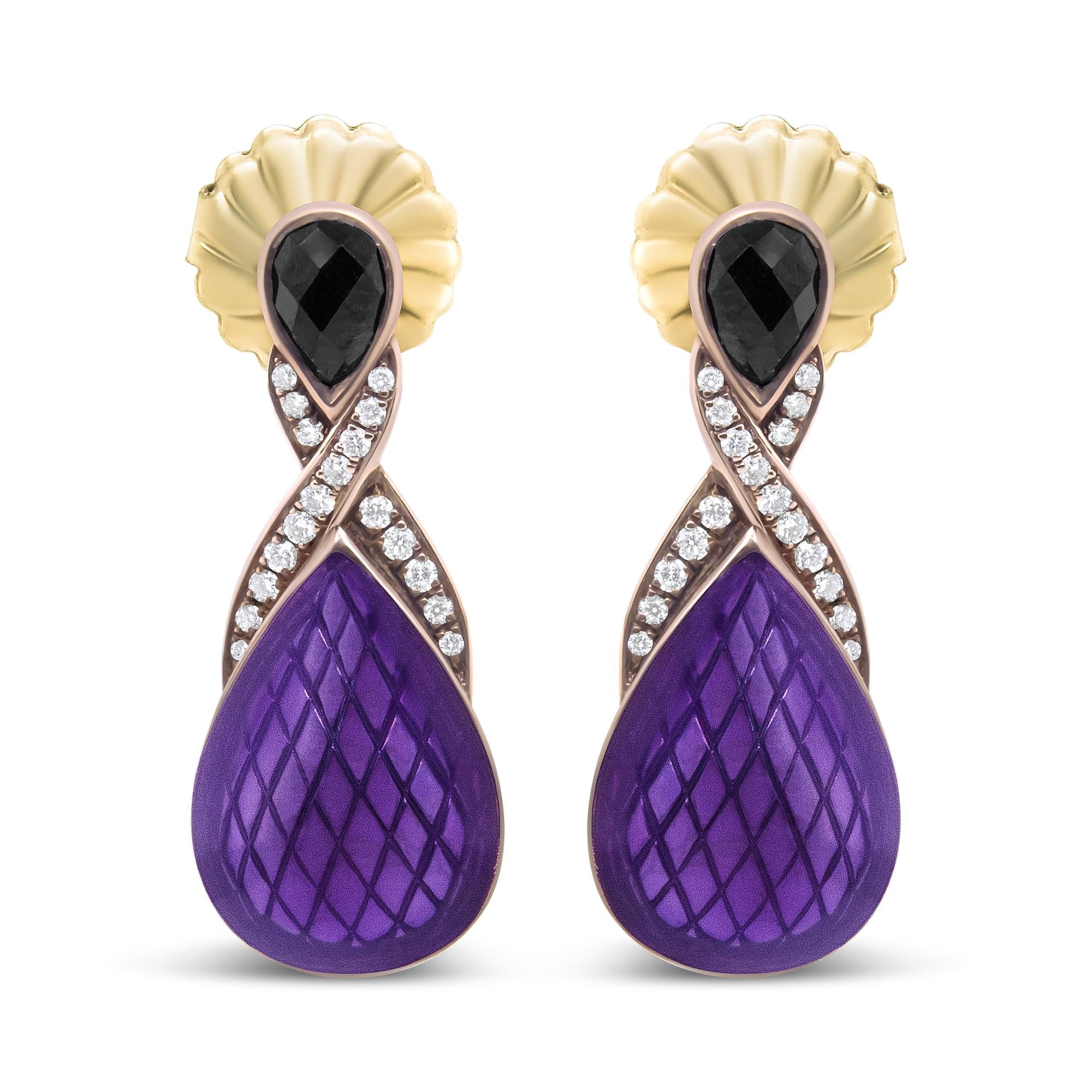18K Rose Gold Flash Plated .925 Sterling Silver Purple Enamel 1/5 Cttw Round Pave-Set Diamond and 5.5 x 4mm Pear-Shaped Black Onyx Drop Earrings (F-G Color, VS1-VS2 Clarity)