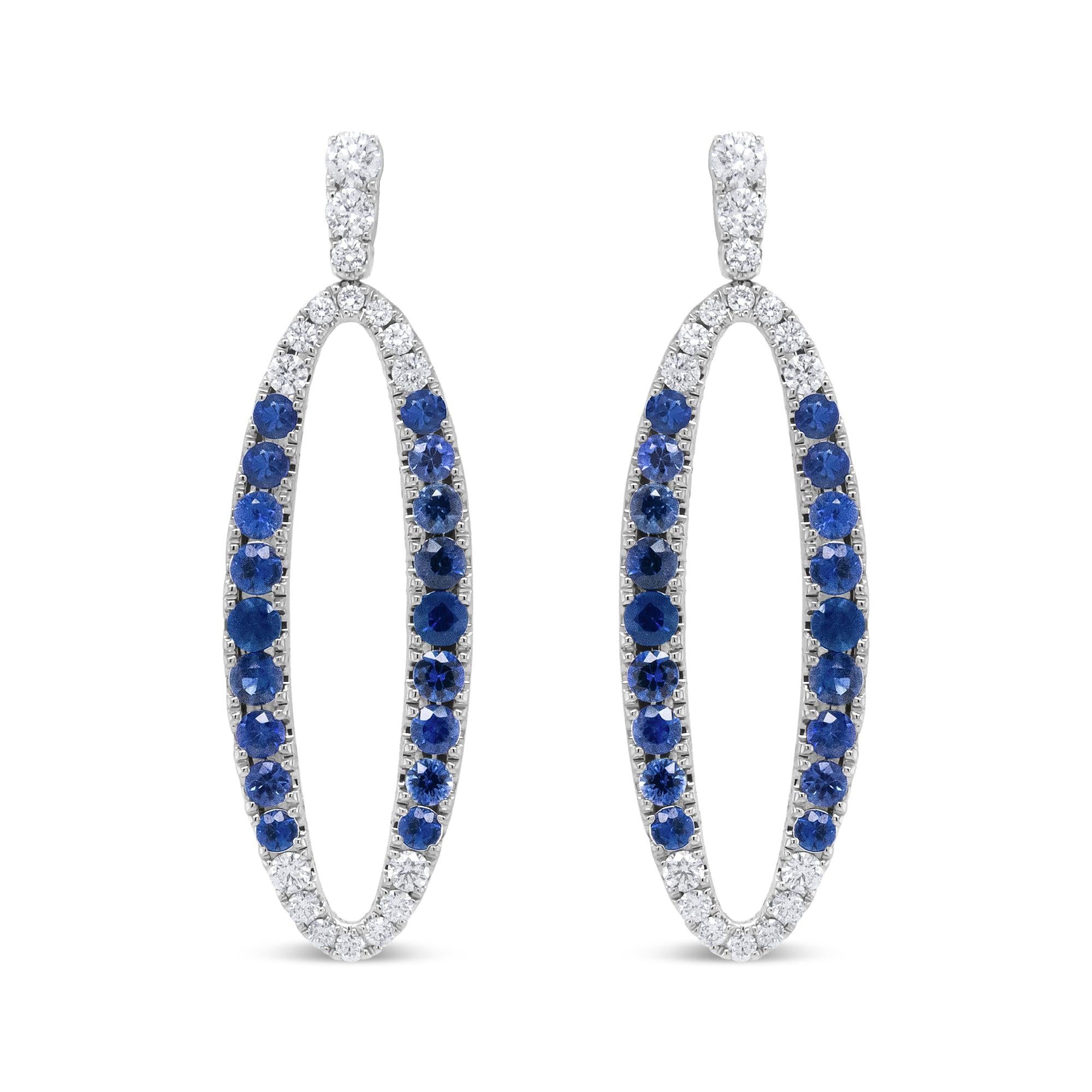 18K White Gold 1.11 Cttw Blue Round Diamond and Blue Sapphire Openwork Oval Shaped Dangle Earrings (F-G Color, VS1-VS2 Clarity)