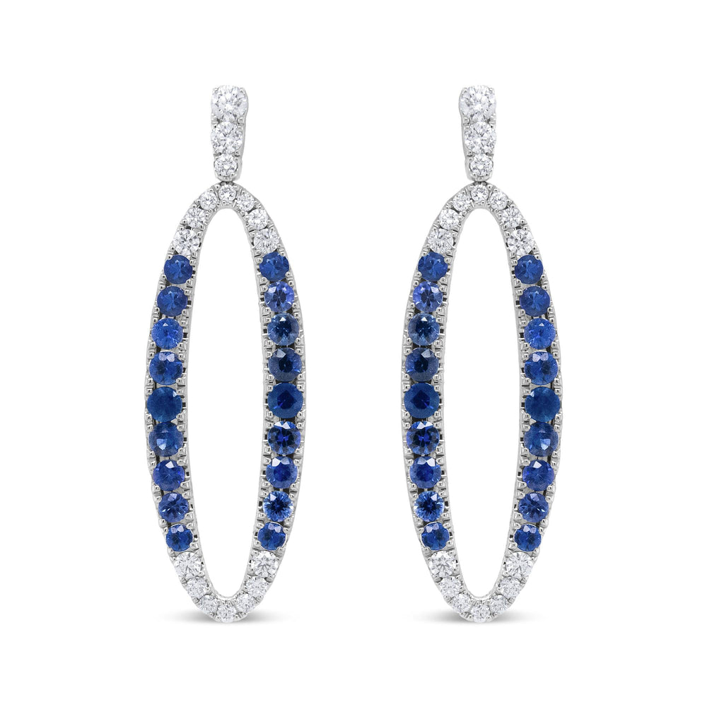 18K White Gold 1.11 Cttw Blue Round Diamond and Blue Sapphire Openwork Oval Shaped Dangle Earrings (F-G Color, VS1-VS2 Clarity)