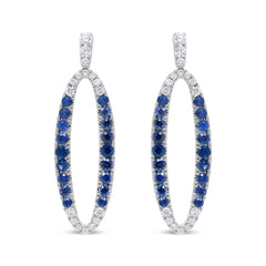 18K White Gold 1.11 Cttw Blue Round Diamond and Blue Sapphire Openwork Oval Shaped Dangle Earrings (F-G Color, VS1-VS2 Clarity)