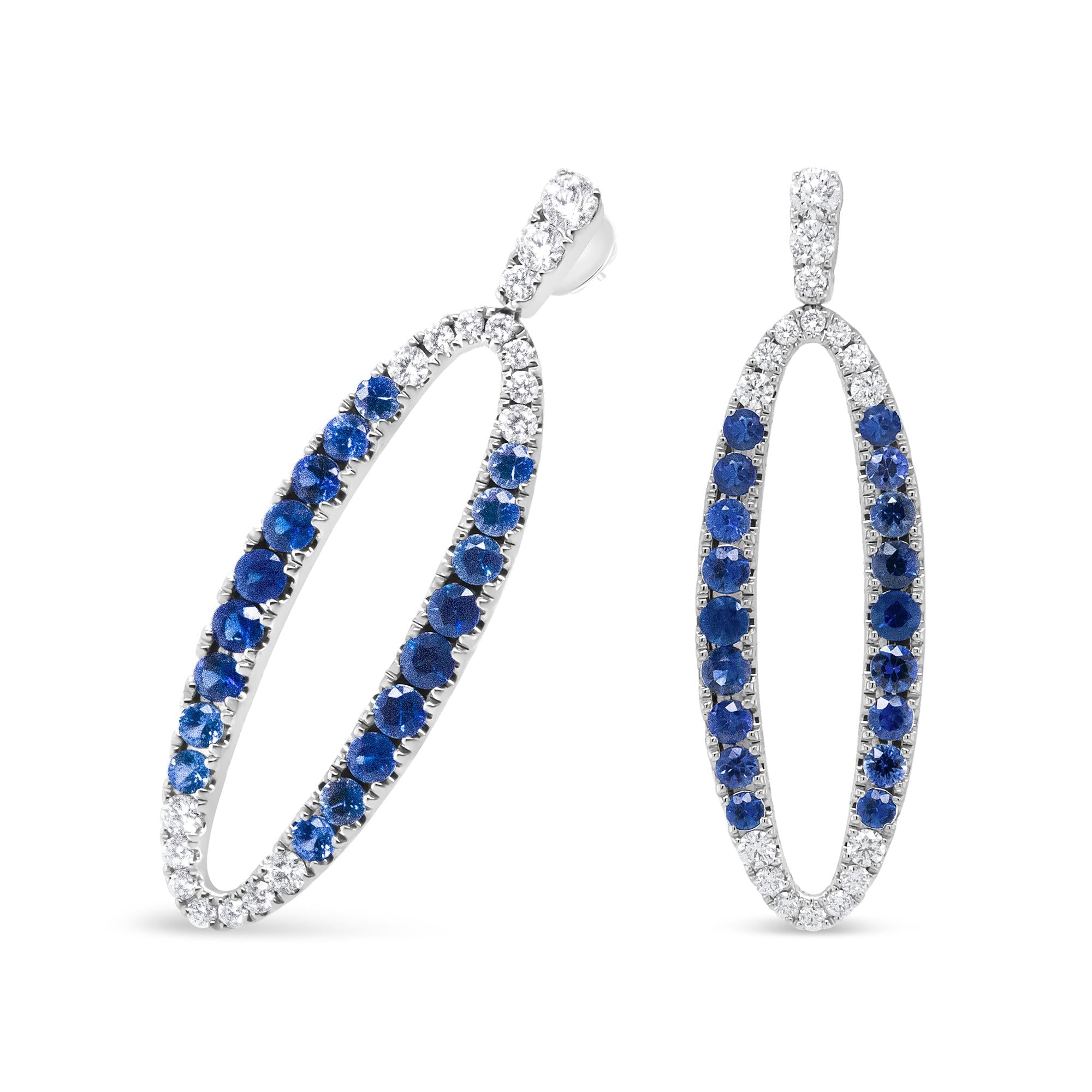 18K White Gold 1.11 Cttw Blue Round Diamond and Blue Sapphire Openwork Oval Shaped Dangle Earrings (F-G Color, VS1-VS2 Clarity)