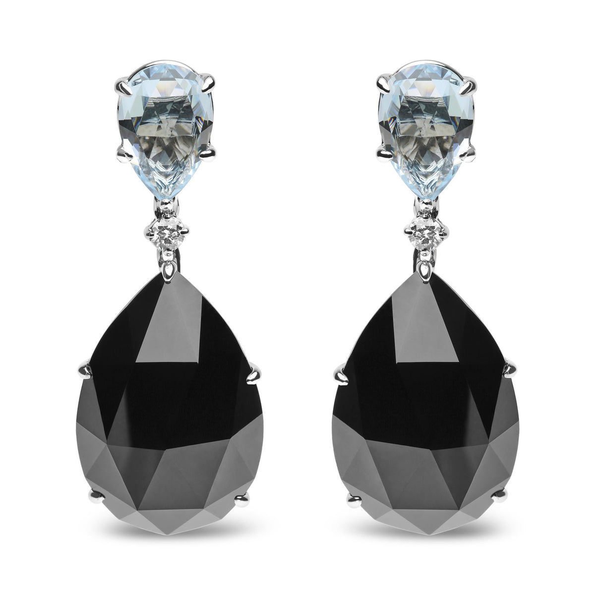 18K White Gold 1/5 Cttw Diamond with Pear Cut Sky Blue Topaz and Pear-Cut Black Onyx Gemstone Dangle Earring (G-H Color, SI1-SI2 Clarity)