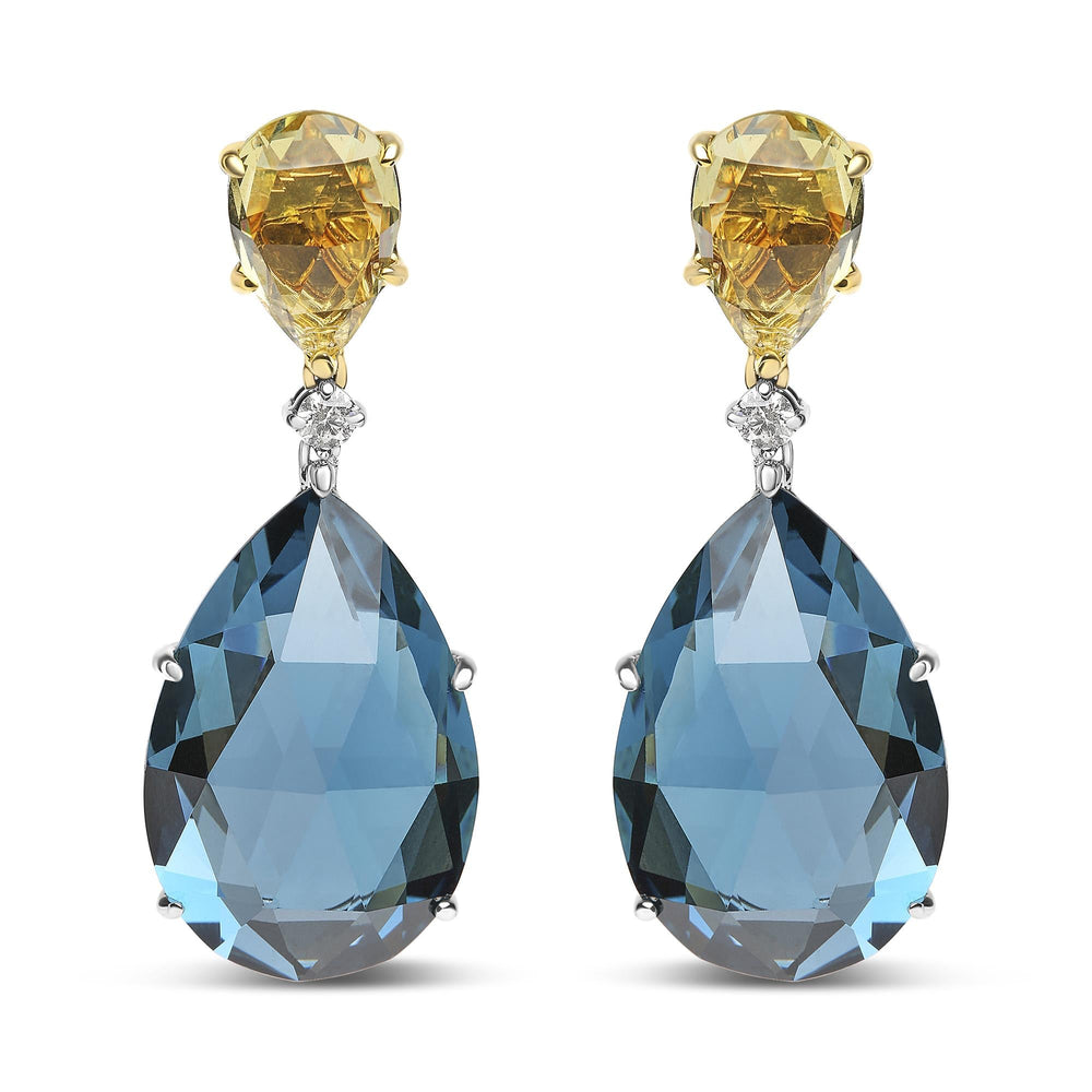 18K White and Yellow Gold 1/5 Cttw Diamond with Pear Cut Lemon Quartz and Pear Cut London Blue Topaz Gemstone Dangle Earring (G-H Color, SI1-SI2 Clarity)