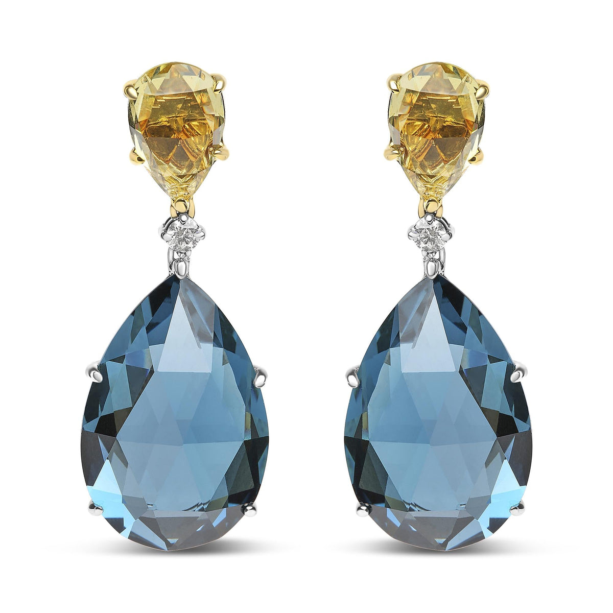 18K White and Yellow Gold 1/5 Cttw Diamond with Pear Cut Lemon Quartz and Pear Cut London Blue Topaz Gemstone Dangle Earring (G-H Color, SI1-SI2 Clarity)