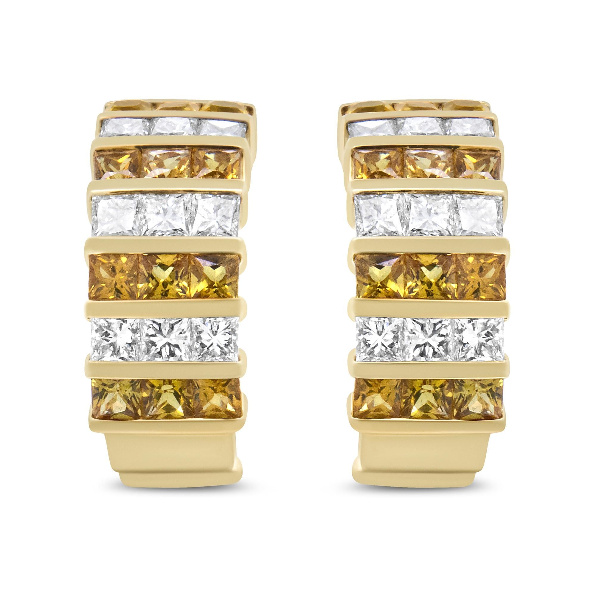 18K Yellow Gold 1 3/4 Cttw Invisible Set Princess Cut Diamond and 2.5mm Yellow Sapphire Huggie Hoop Earrings (F-G Color, VS1-VS2 Clarity)
