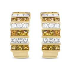 18K Yellow Gold 1 3/4 Cttw Invisible Set Princess Cut Diamond and 2.5mm Yellow Sapphire Huggie Hoop Earrings (F-G Color, VS1-VS2 Clarity)