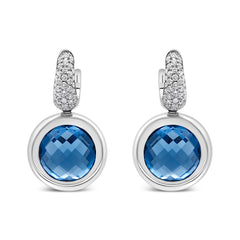 18K White Gold Bezel Set 11mm Blue Topaz and 1/2 Cttw Invisible Set Diamond Bale Dangle Earrings (F-G Color, VS1-VS2 Clarity)