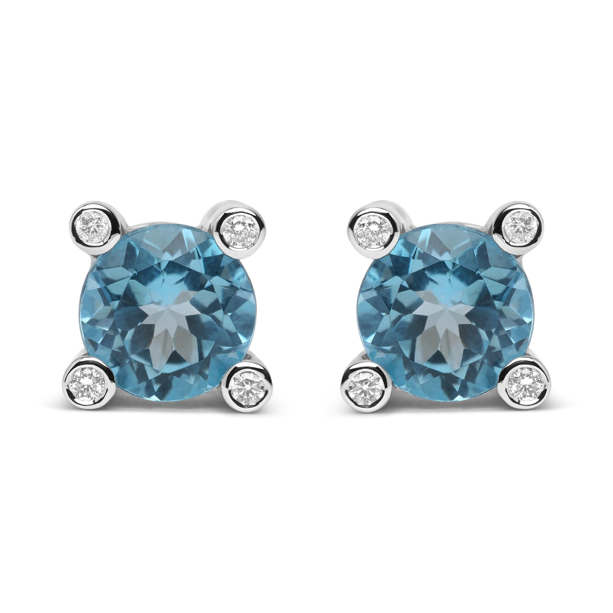 18K White Gold 1/10 Cttw Round Bezel Diamond and 10x10mm Round Sky Blue Topaz Gemstone Stud Earrings (G-H Color, I1-I2 Clarity)