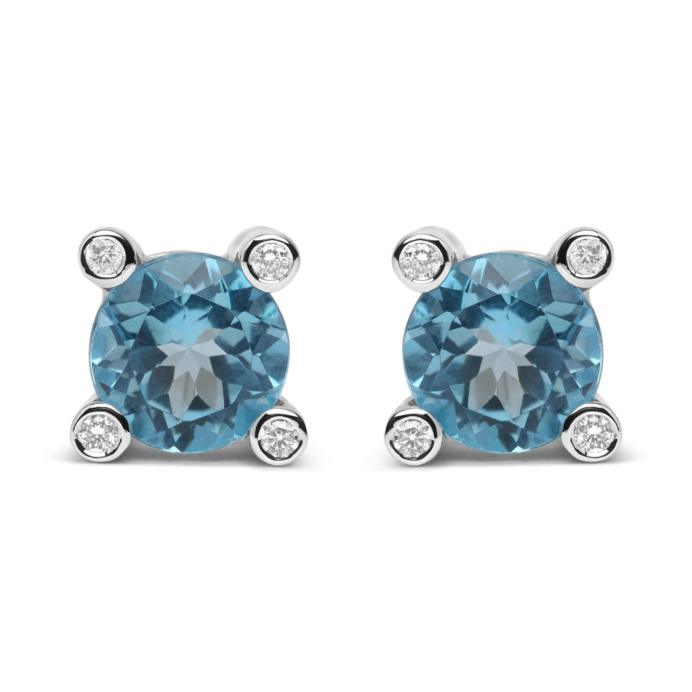18K White Gold 1/10 Cttw Round Bezel Diamond and 10x10mm Round Sky Blue Topaz Gemstone Stud Earrings (G-H Color, I1-I2 Clarity)