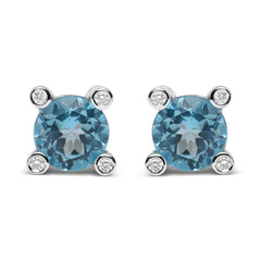 18K White Gold 1/10 Cttw Round Bezel Diamond and 10x10mm Round Sky Blue Topaz Gemstone Stud Earrings (G-H Color, I1-I2 Clarity)