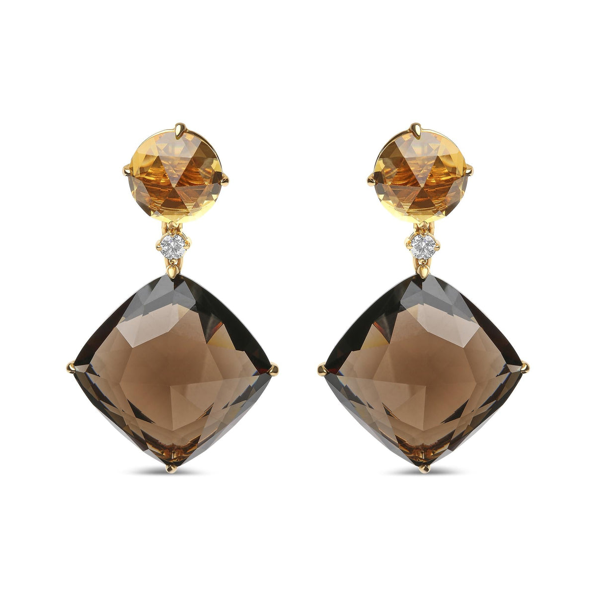 18K Yellow Gold 1/5 Cttw Diamond with Round Yellow Citrine and 25mm Cushion Cut Smoky Quartz Gemstone Dangle Earring (G-H Color, SI1-SI2 Clarity)