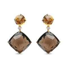 18K Yellow Gold 1/5 Cttw Diamond with Round Yellow Citrine and 25mm Cushion Cut Smoky Quartz Gemstone Dangle Earring (G-H Color, SI1-SI2 Clarity)