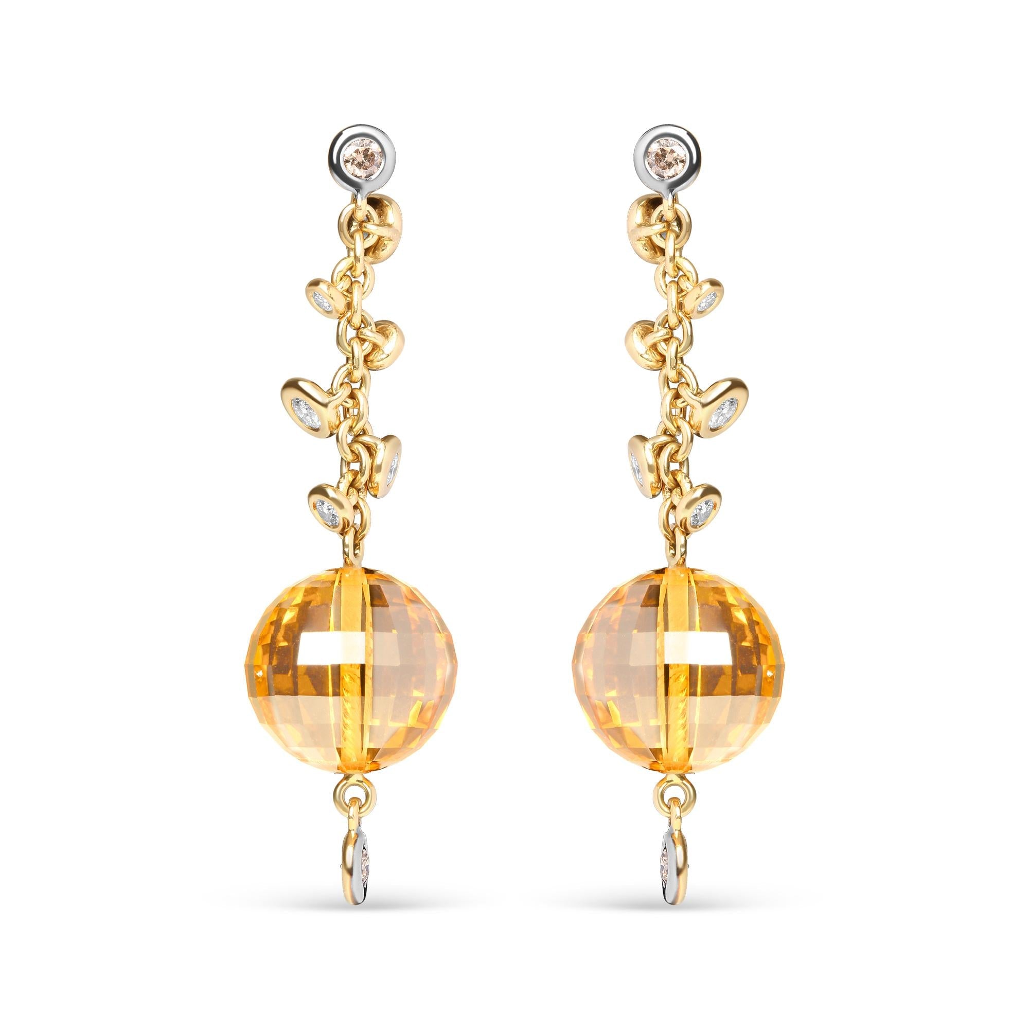 18K Yellow Gold 2/3 Cttw Round Bezel Diamond and 25mm Ball Shaped Yellow Citrine Gemstone Dangle Stud Earring (Brown and G-H Color, SI1-SI2 Clarity)