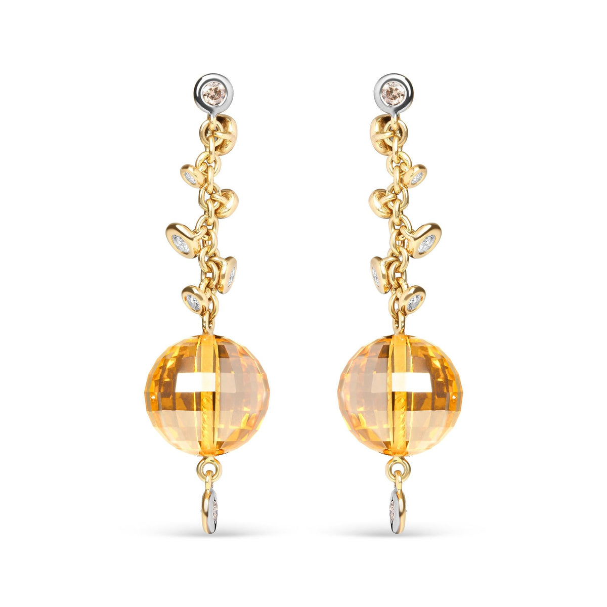18K Yellow Gold 2/3 Cttw Round Bezel Diamond and 25mm Ball Shaped Yellow Citrine Gemstone Dangle Stud Earring (Brown and G-H Color, SI1-SI2 Clarity)