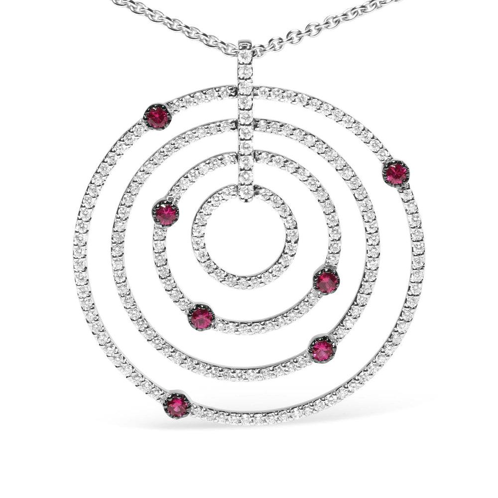 18K White Gold 2 1/6 Cttw Pave Set Diamonds and Red Ruby Openwork Circles 18" Pendant Necklace  (G-H Color, SI2-I1 Clarity) - Adjustable up to 16" - 18"