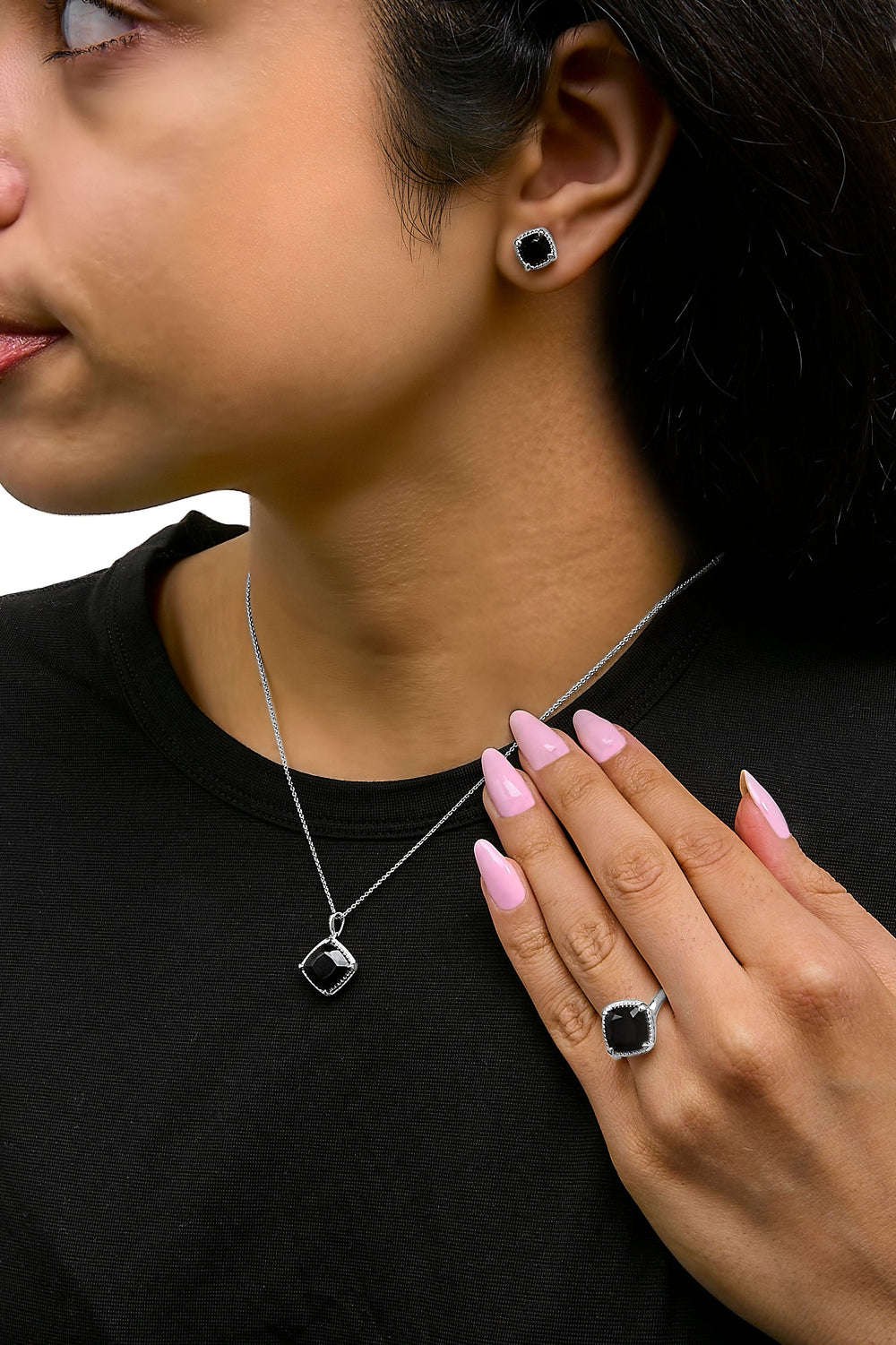 Sterling Silver Cushion Onyx 3-Piece Jewelry Set Ring Earrings Pendant 18 Inch Cable Chain