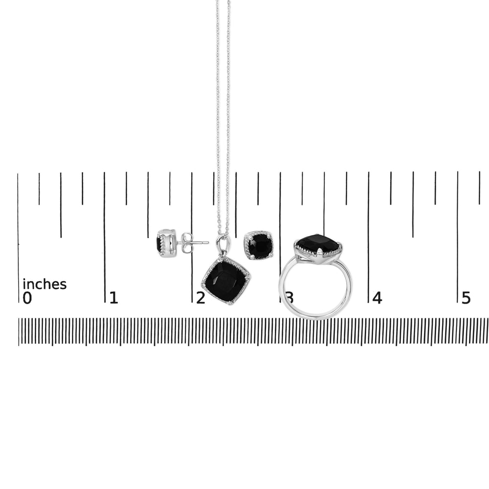 Sterling Silver Cushion Onyx 3-Piece Jewelry Set Ring Earrings Pendant 18 Inch Cable Chain