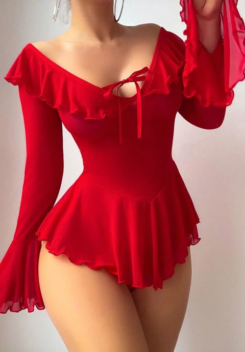 Sultry Red Ruffled Off-Shoulder Bodysuit