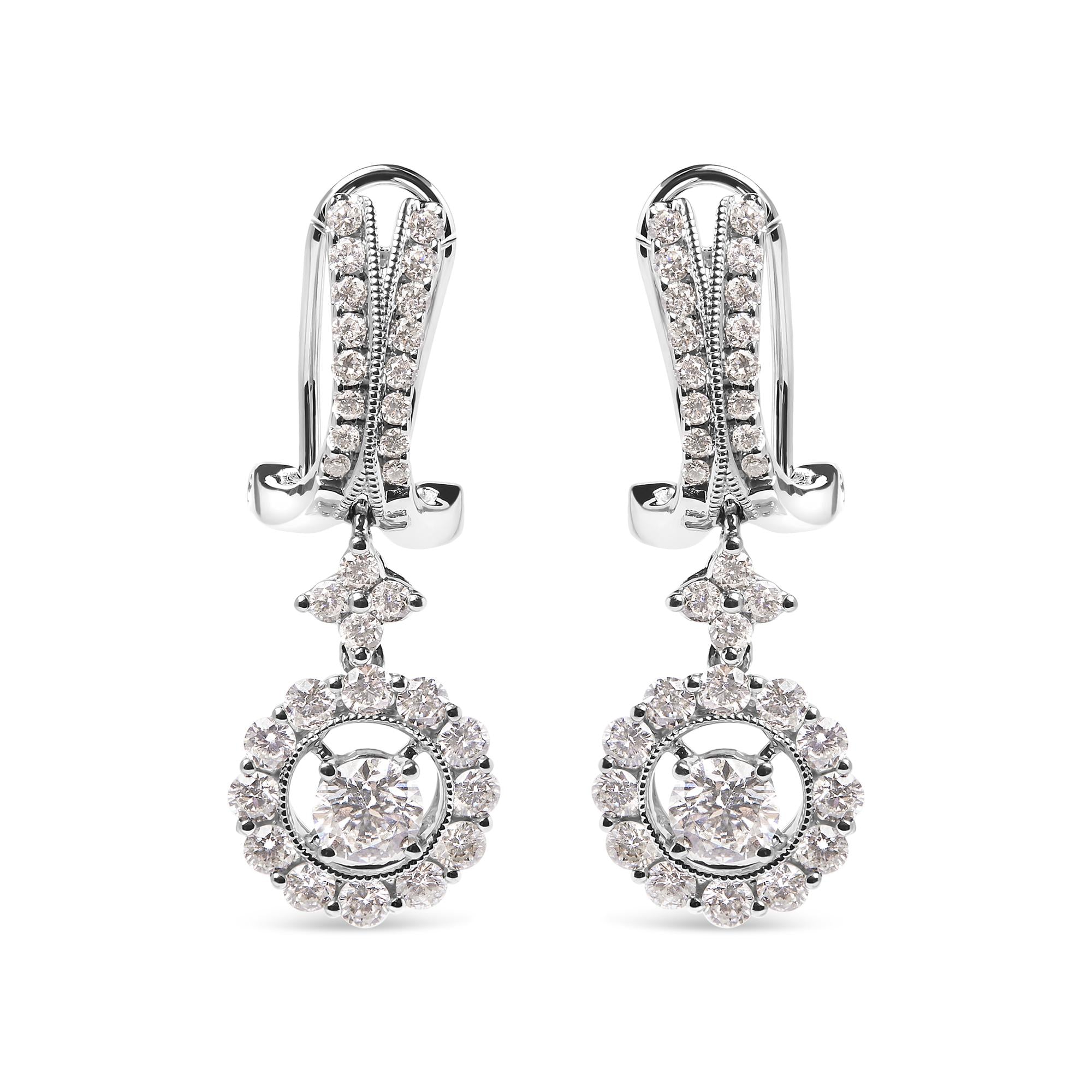 14K White Gold 1 7/8 Cttw Diamond Drop and Dangle Halo Earring with Omega Back (F-G Color, VS2-SI1)