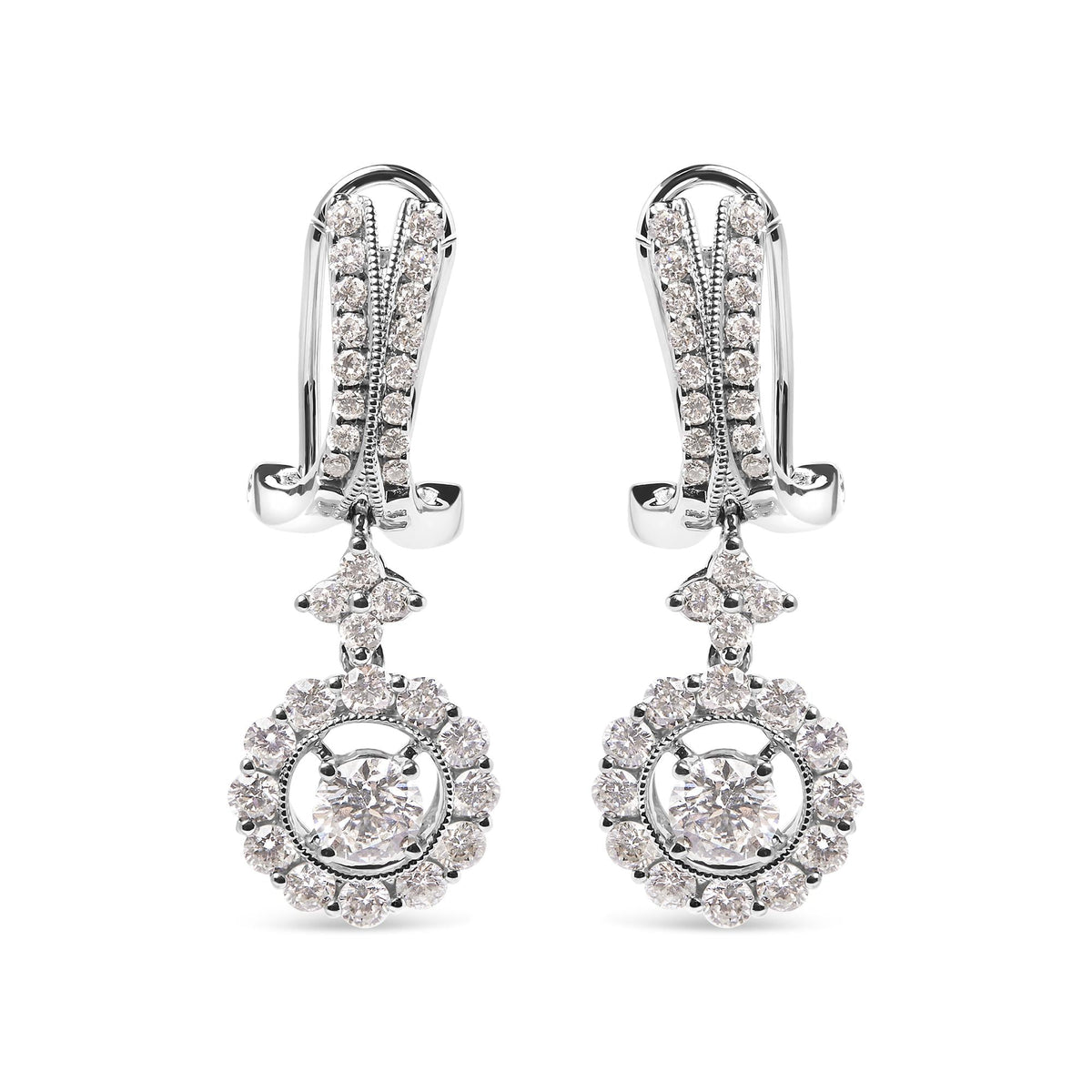 14K White Gold 1 7/8 Cttw Diamond Drop and Dangle Halo Earring with Omega Back (F-G Color, VS2-SI1)