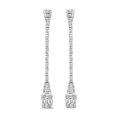 14K White Gold 1 1/2 Cttw Baguette Diamond Composite Mosaic 2" Inch Drop Earrings (E-F Color, VS1-VS2 Clarity)