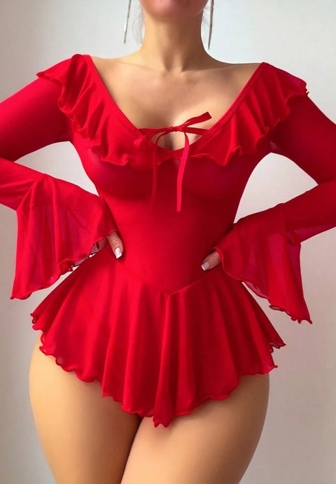 Sultry Red Ruffled Off-Shoulder Bodysuit