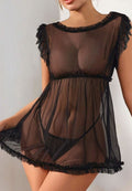 Ruffle Trim Mesh Babydoll Sexy Lingerie Dress With Thong